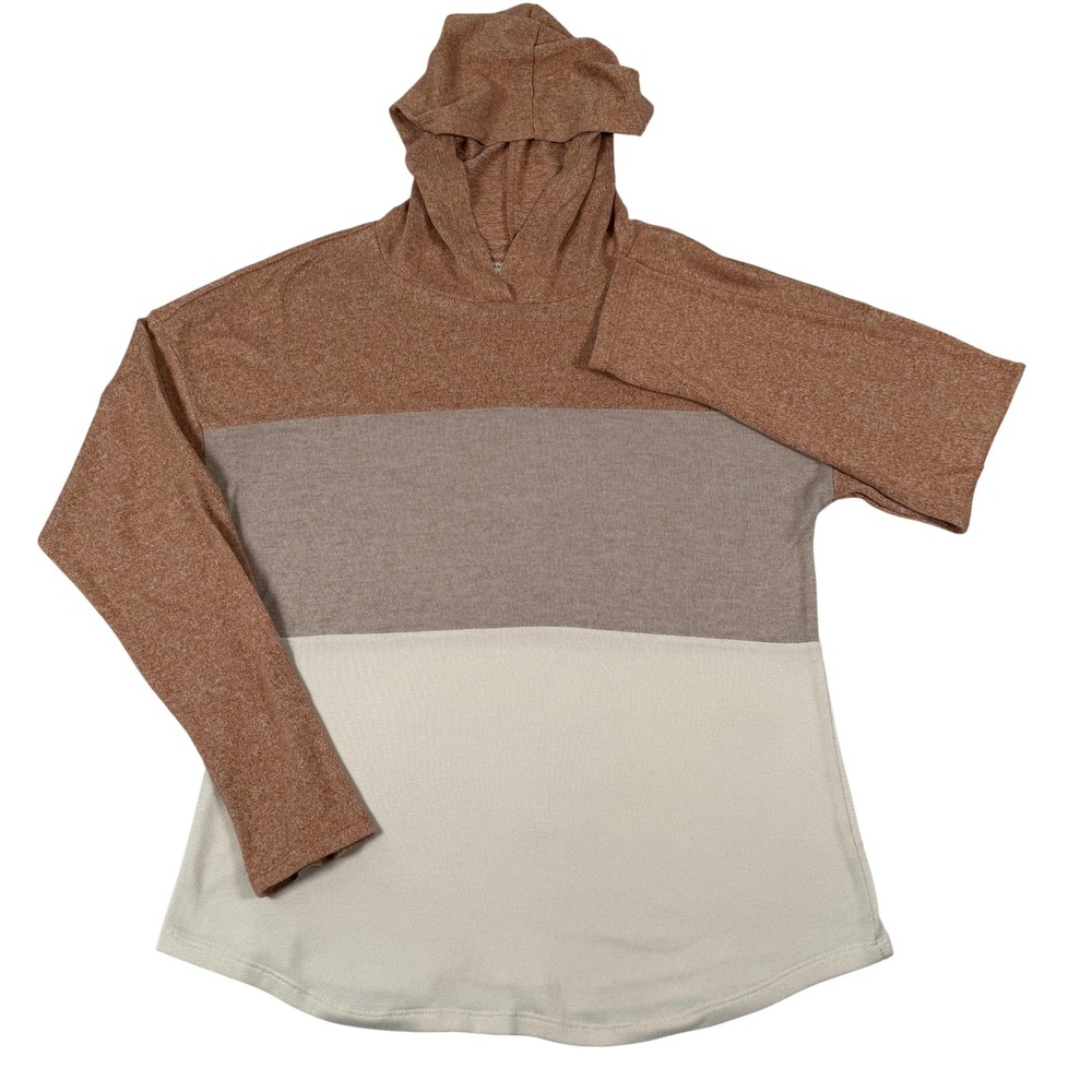 Bobbie Brooks Hoodie Large Brown Colorblock Knit Pullover‎ Top Fall Lightweight